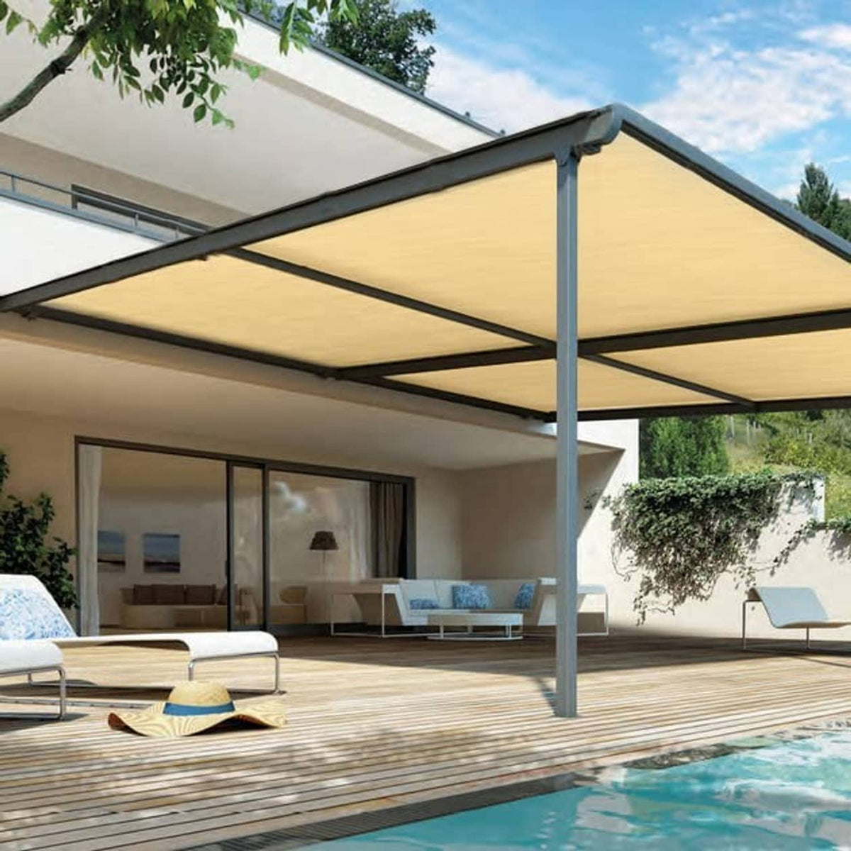 Beige sun shade mesh canopy draped over outdoor frame