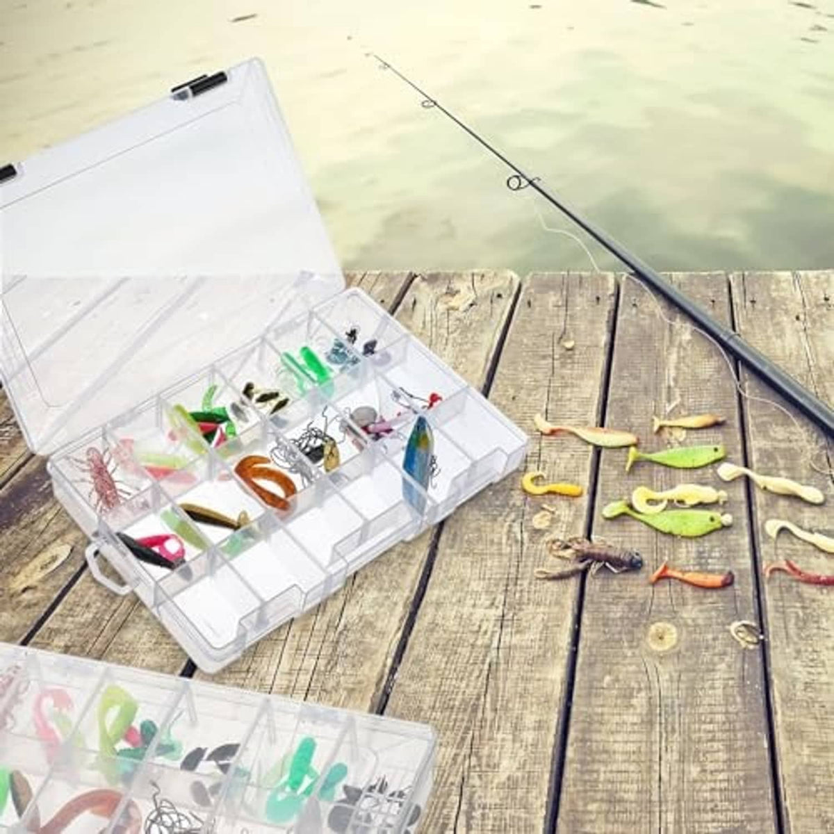 Open clear tackle storage box with removable divider grid compartments