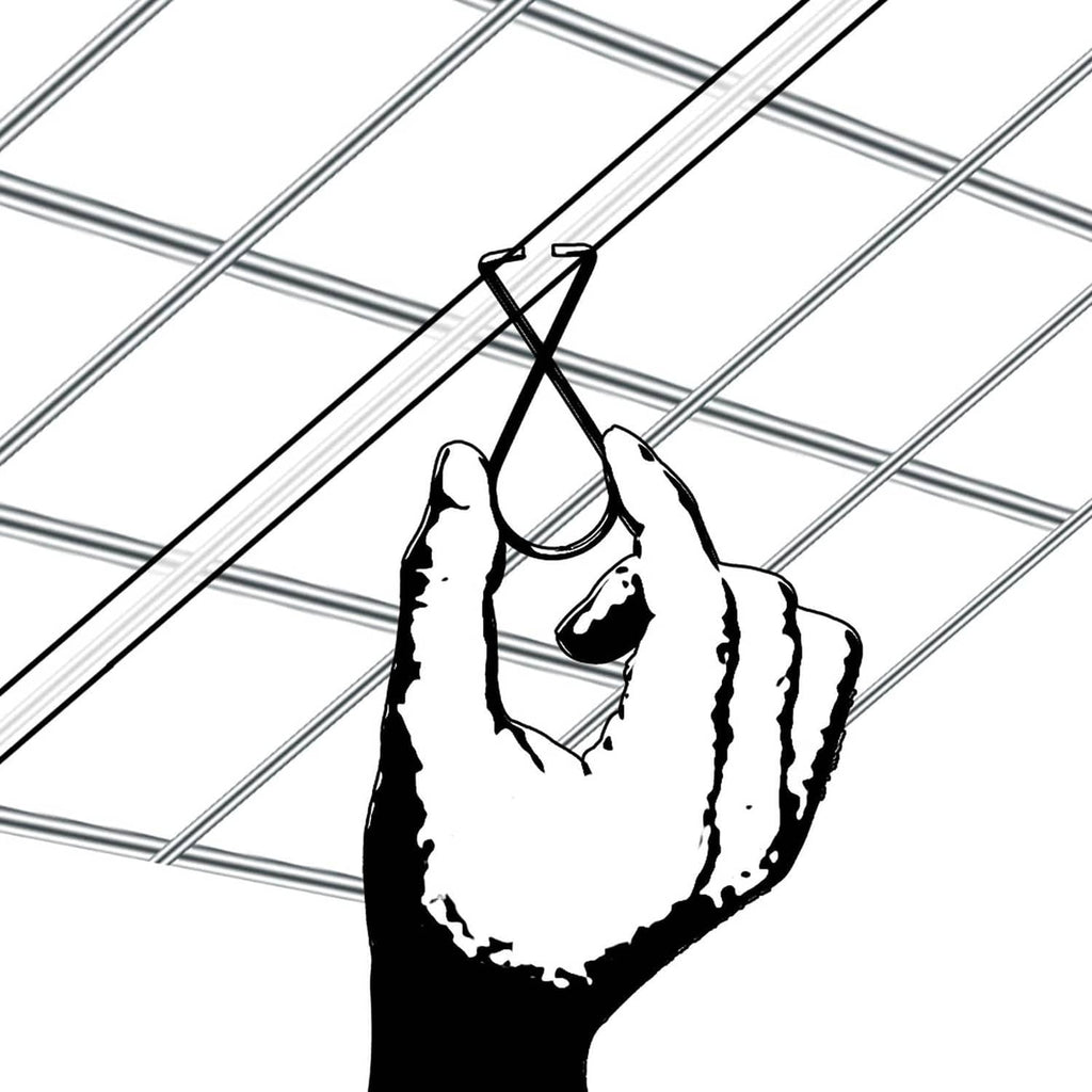 Ceiling hook clip holding a hanging item on a metal grid wire frame