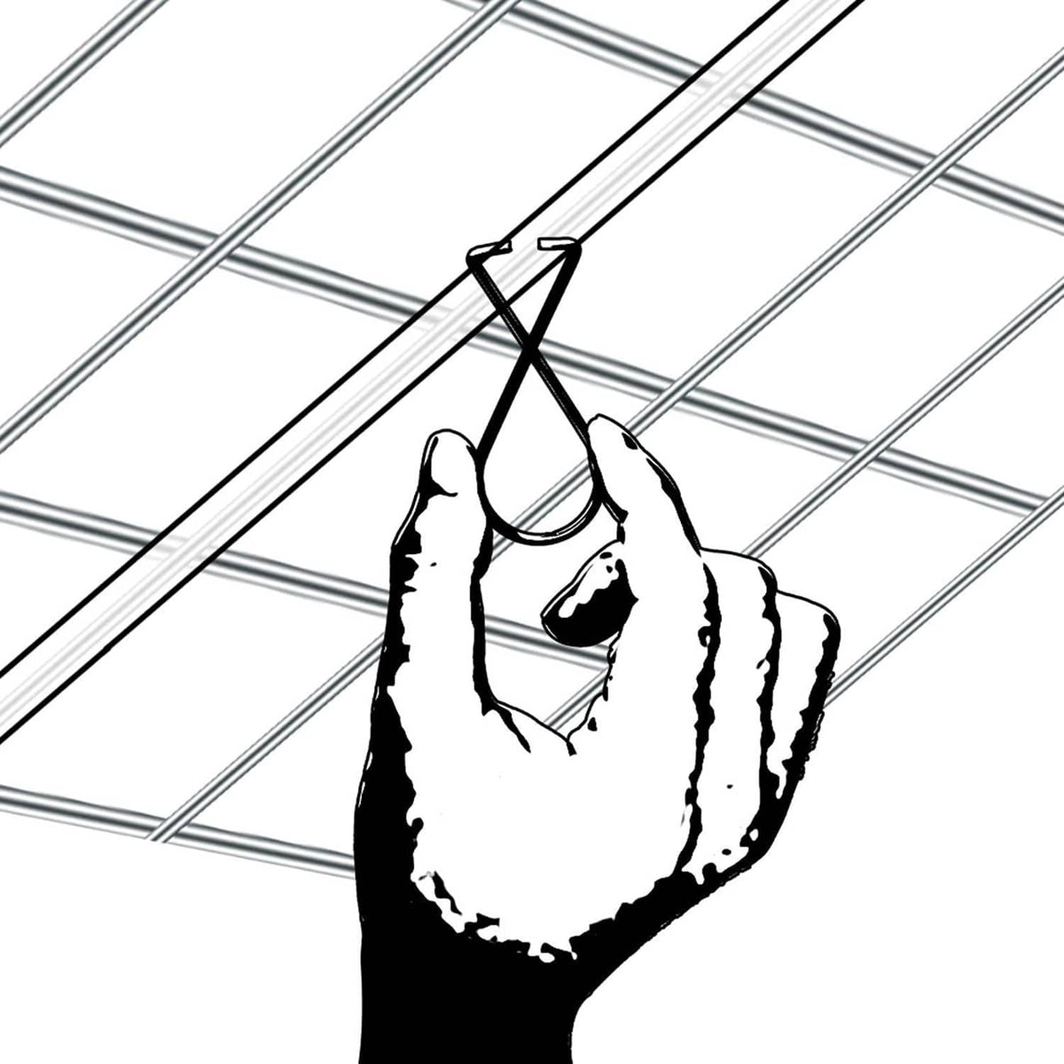 Ceiling hook clip holding a hanging item on a metal grid wire frame