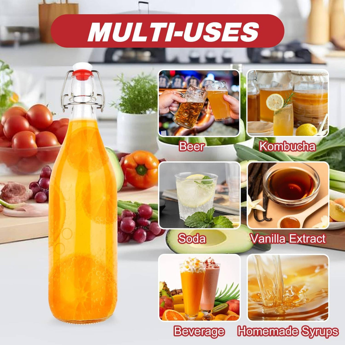 Tall clear glass swing-top bottle with red flip cap, filled with golden yellow drink