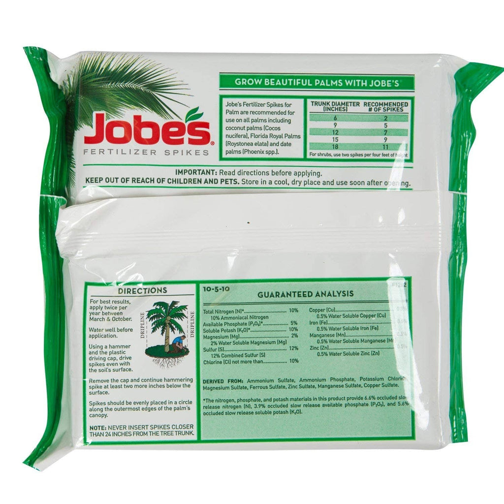 Jobe's palms fertilizer spikes pouch back with directions and guaranteed analysis panel