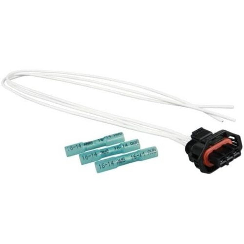 Wiring harness pigtail with black plug and white leads, teal in-line resistor modules