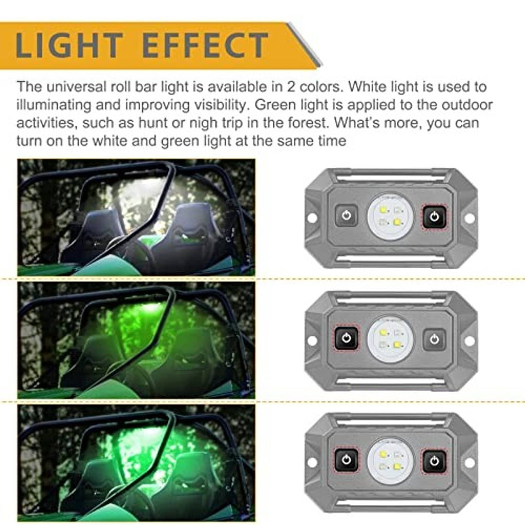 Universal roll bar light showing white and green LED effects, black housing and switches