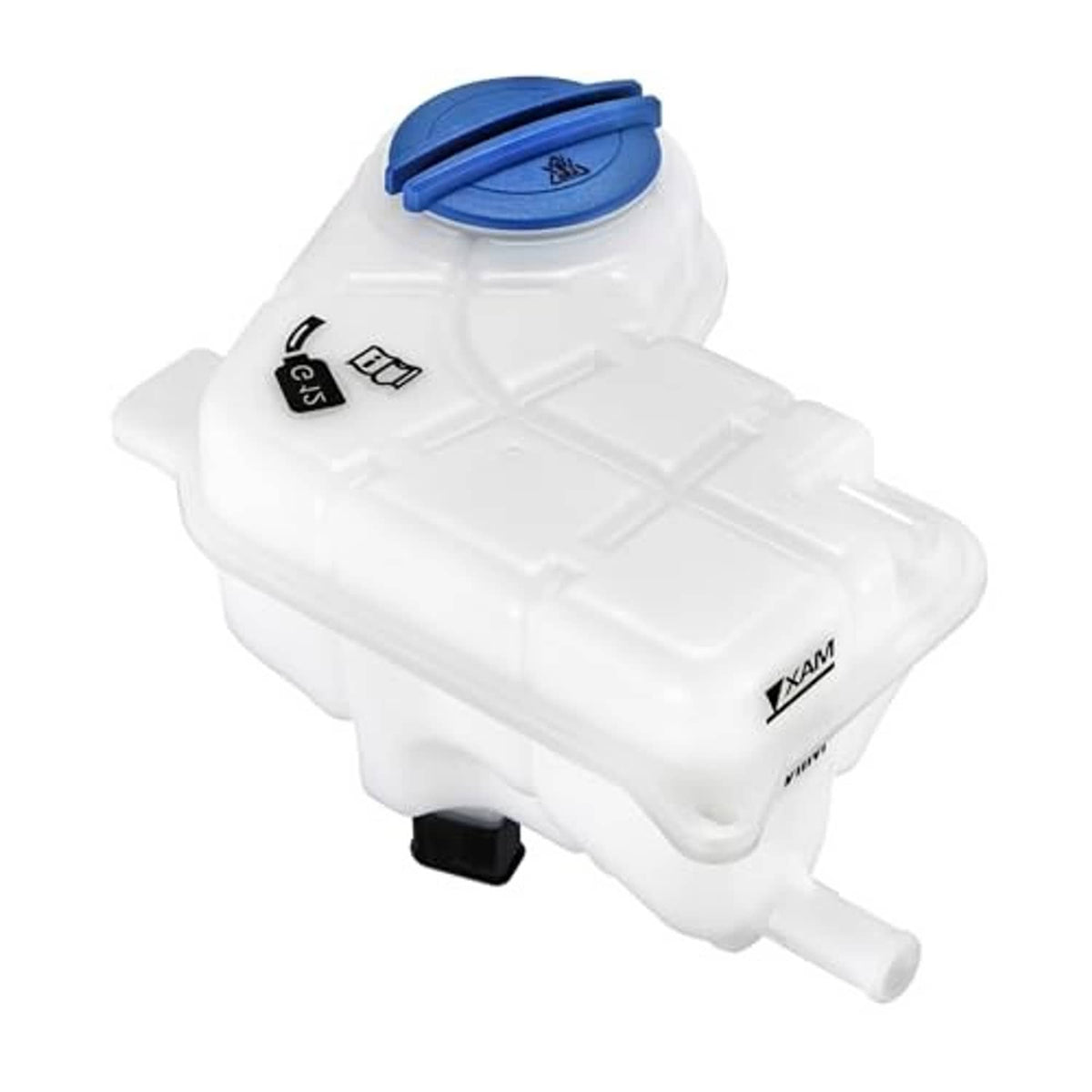 White coolant expansion reservoir overflow tank with blue screw-style cap and hose