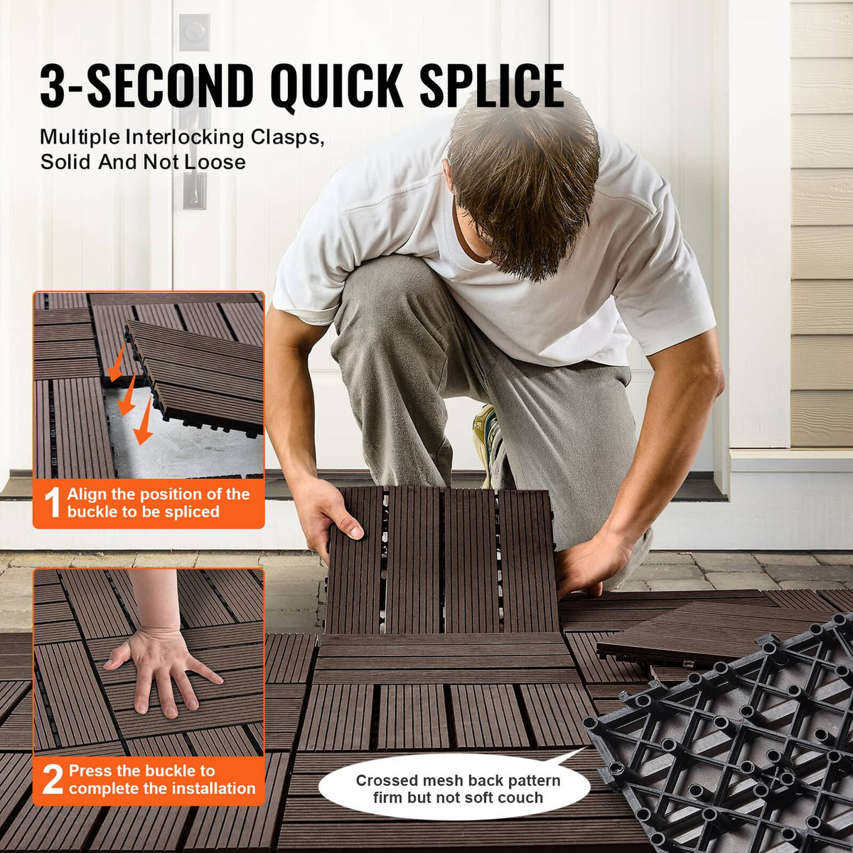 Interlocking deck tiles showing quick splice buckle lock for a tight connection