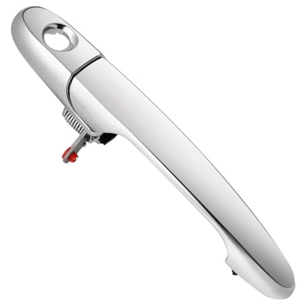 Chrome exterior door handle for front left driver side, side view with release spring