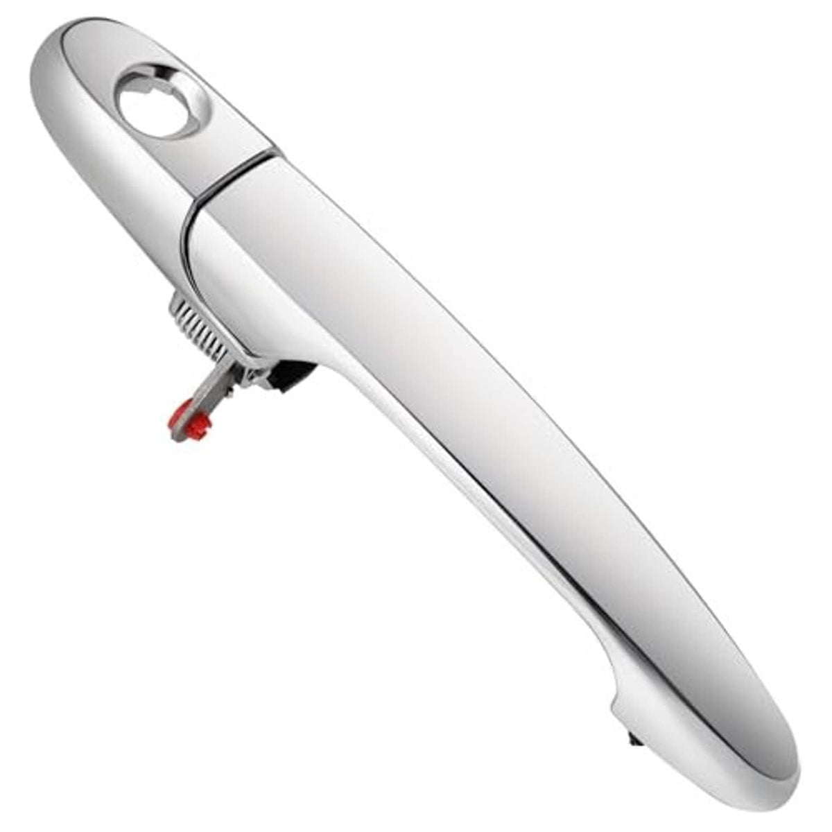 Chrome exterior door handle for front left driver side, side view with release spring