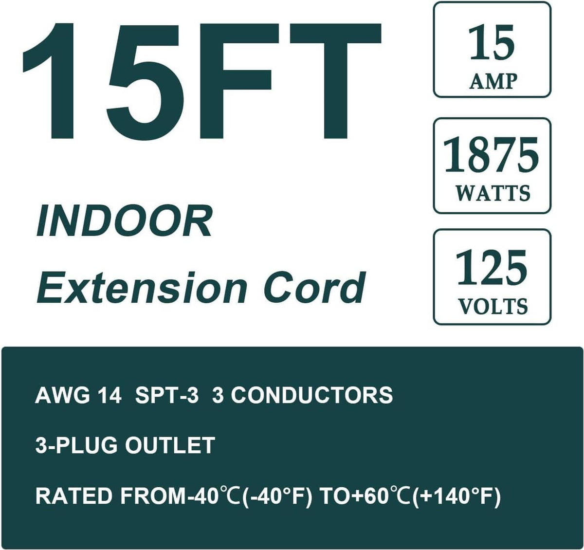 Indoor extension cord product packaging showing electrical rating details