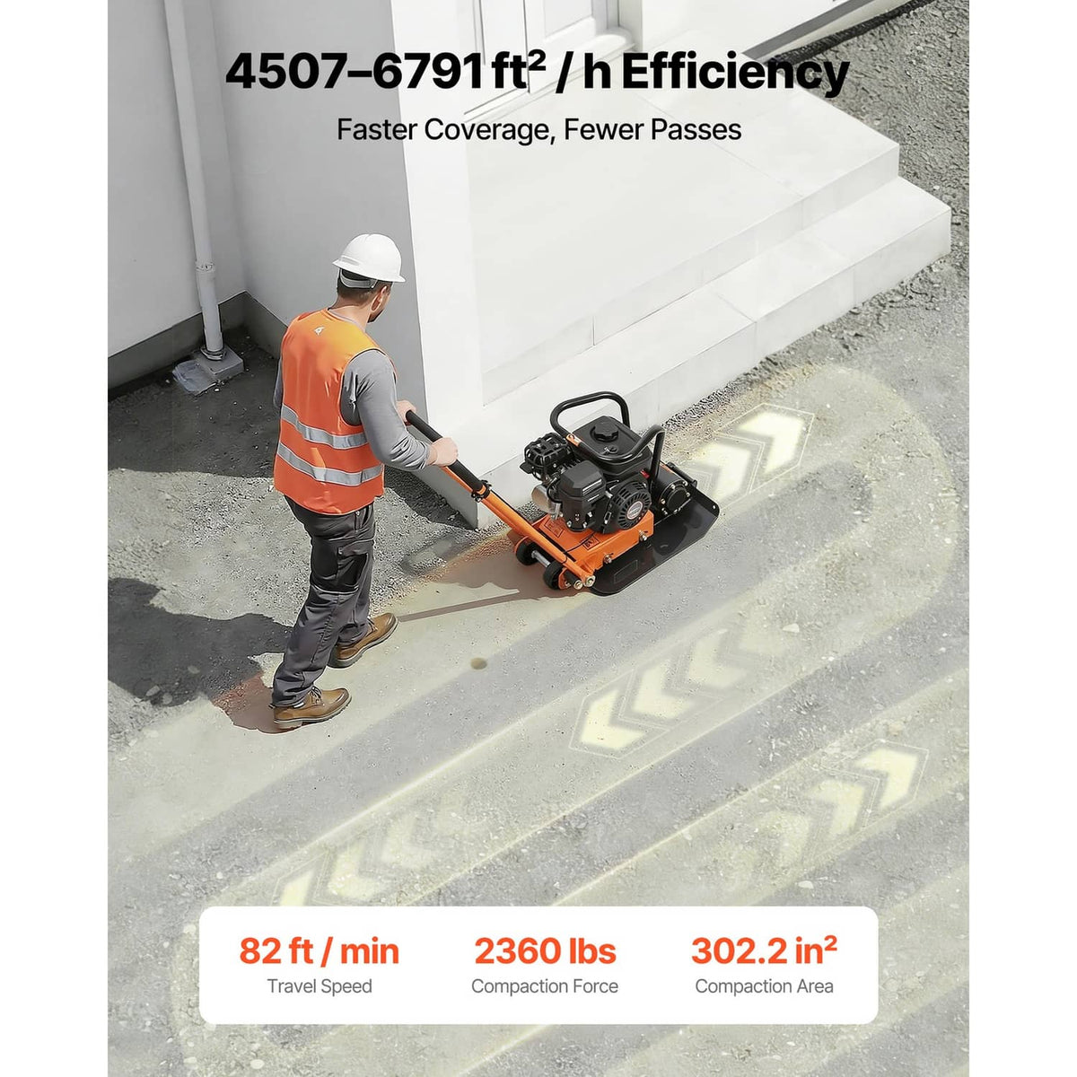 Orange vibrating plate compactor with gasoline engine, front steel plate and lifting handle