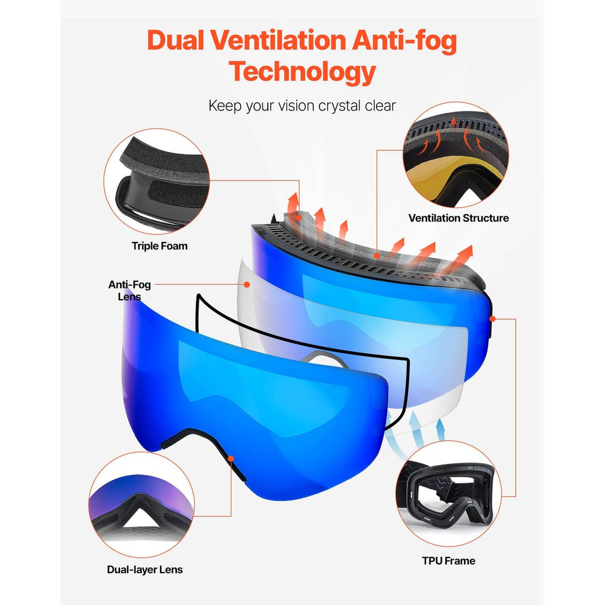 Blue mirrored ski goggles with vented frame and anti-fog lens design