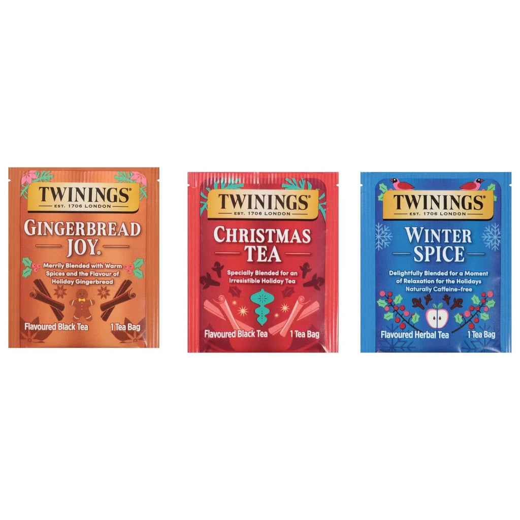 Three Twinings tea box fronts: Gingerbread Joy, Christmas Tea, Winter Spice
