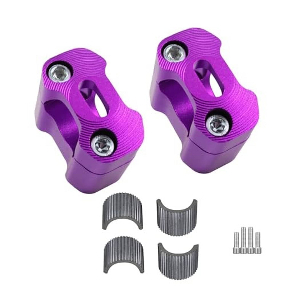 Pair of purple CNC aluminum handlebar clamps with gray grip inserts and mounting bolts