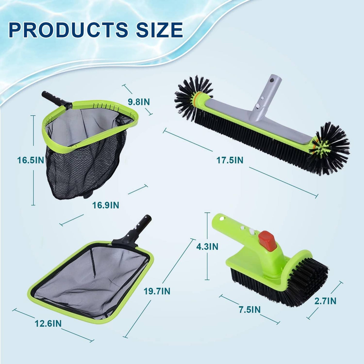 Pool cleaning kit components with size measurements: net, round brush, corner brush