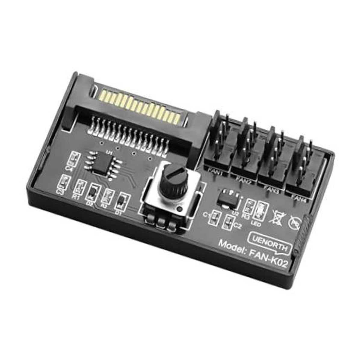 PC fan speed controller hub with speed knob, circuit board, and pin headers