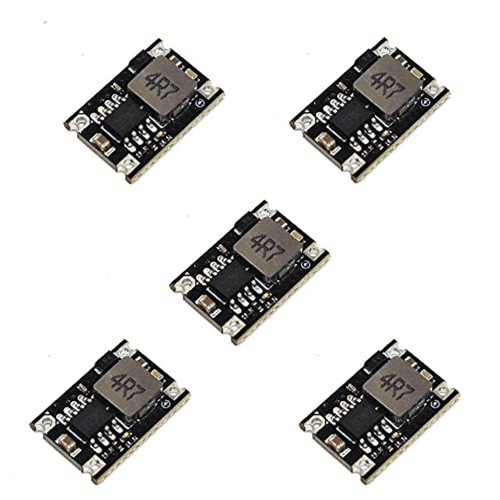 Black DC-DC buck regulator module PCB set, visible 4R7 marking on chip
