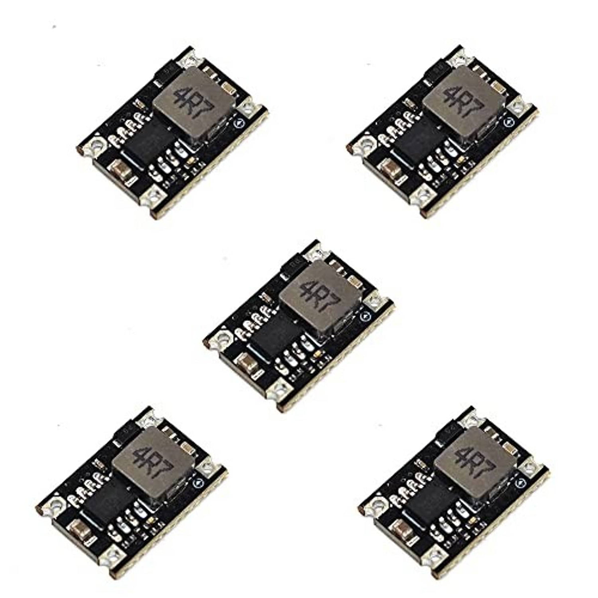 Black DC-DC buck regulator module PCB set, visible 4R7 marking on chip