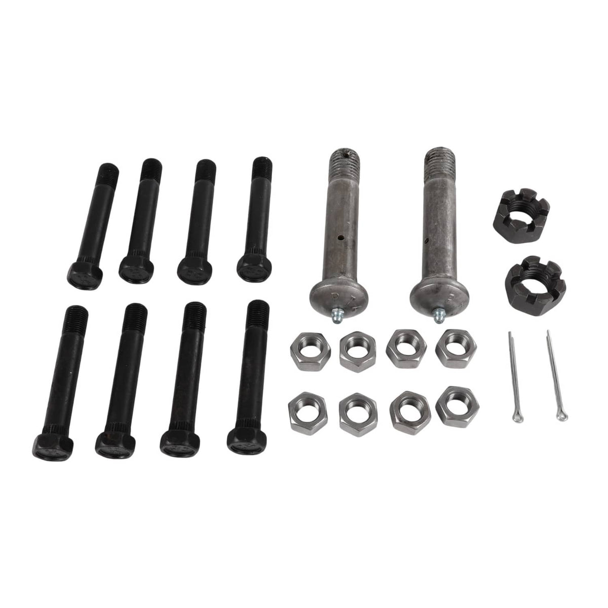 Trailer equalizer hardware set with black bolts, two pins, hex nuts, and cotter pins