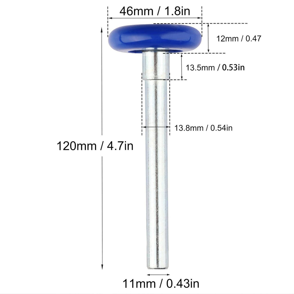 Blue sealed garage door roller with silver stem and base, size shown