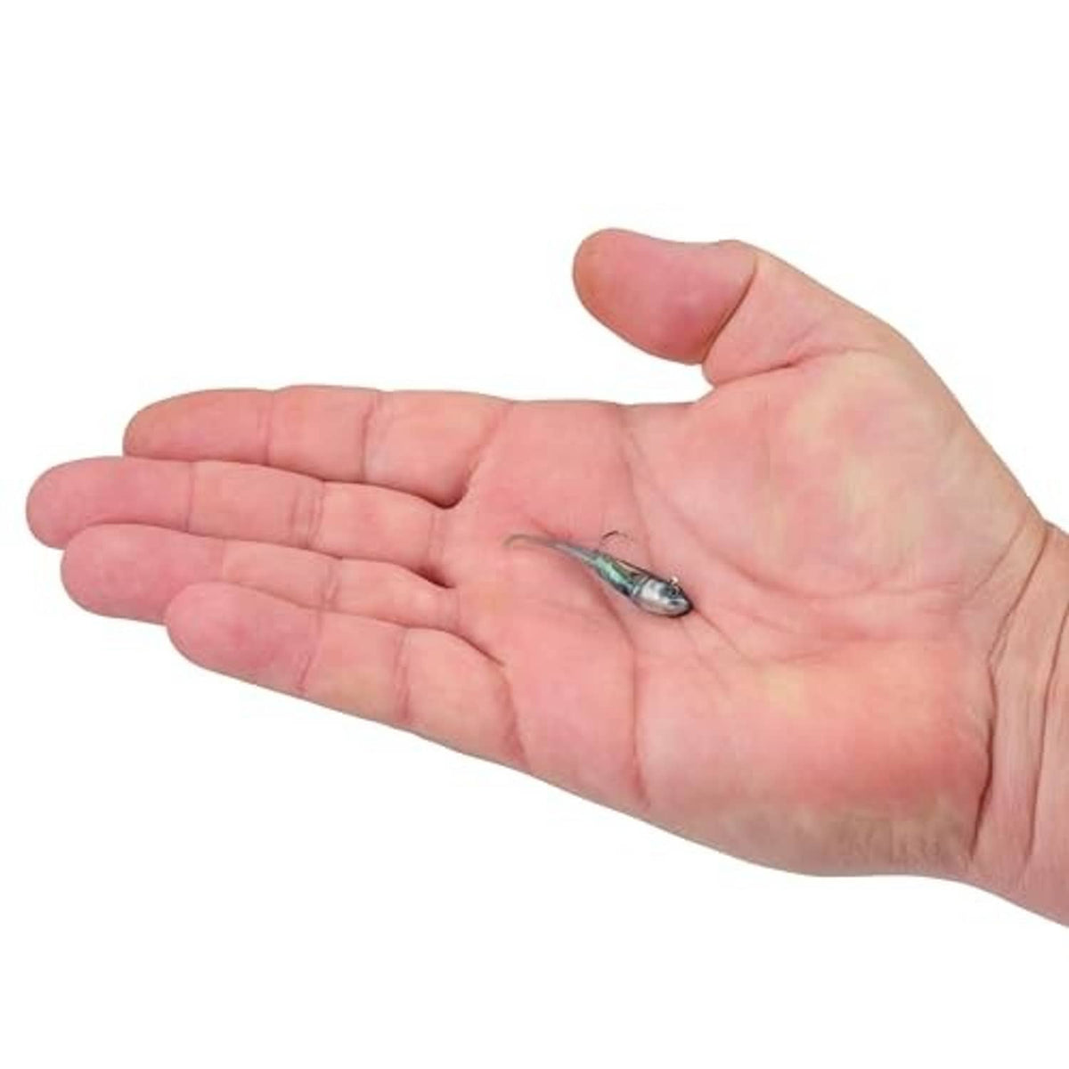 Soft plastic swimbait lure held in a hand, blue wizard HD color.