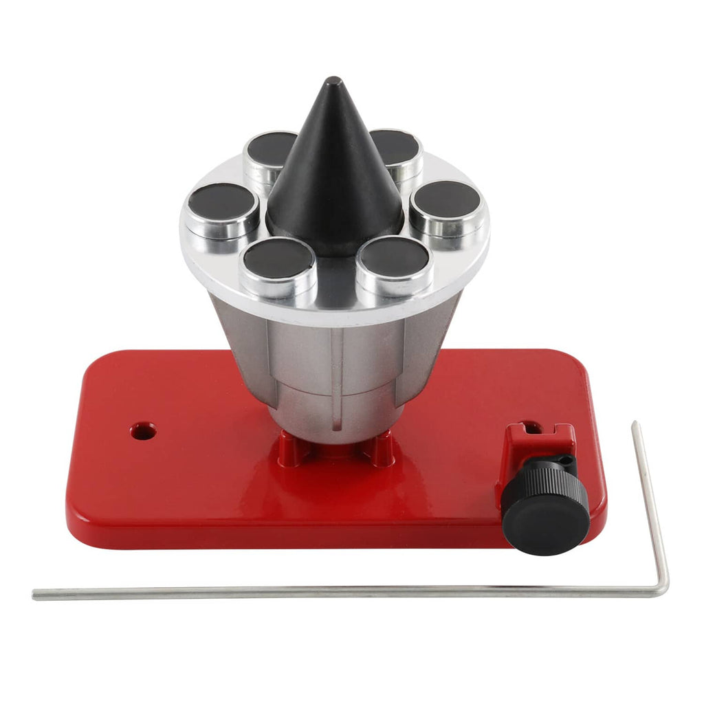 Magnetic lawn mower blade balancer with red base, central cone spindle, six steel magnets