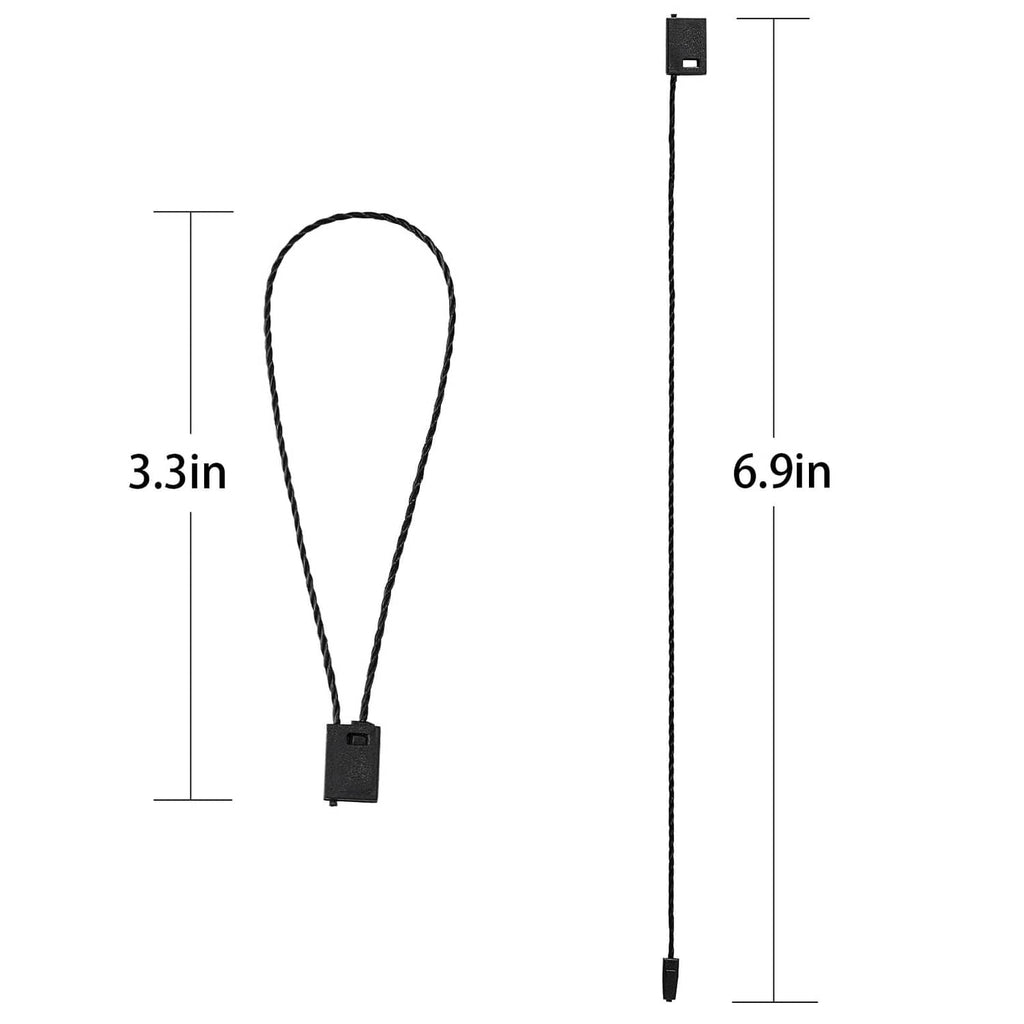 Hang tag loop string with snap-lock clip; size shows 3.3 in width and 6.9 in length