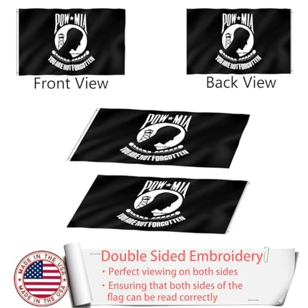 Front and back views of embroidered black POW-MIA flag with white emblem designs.