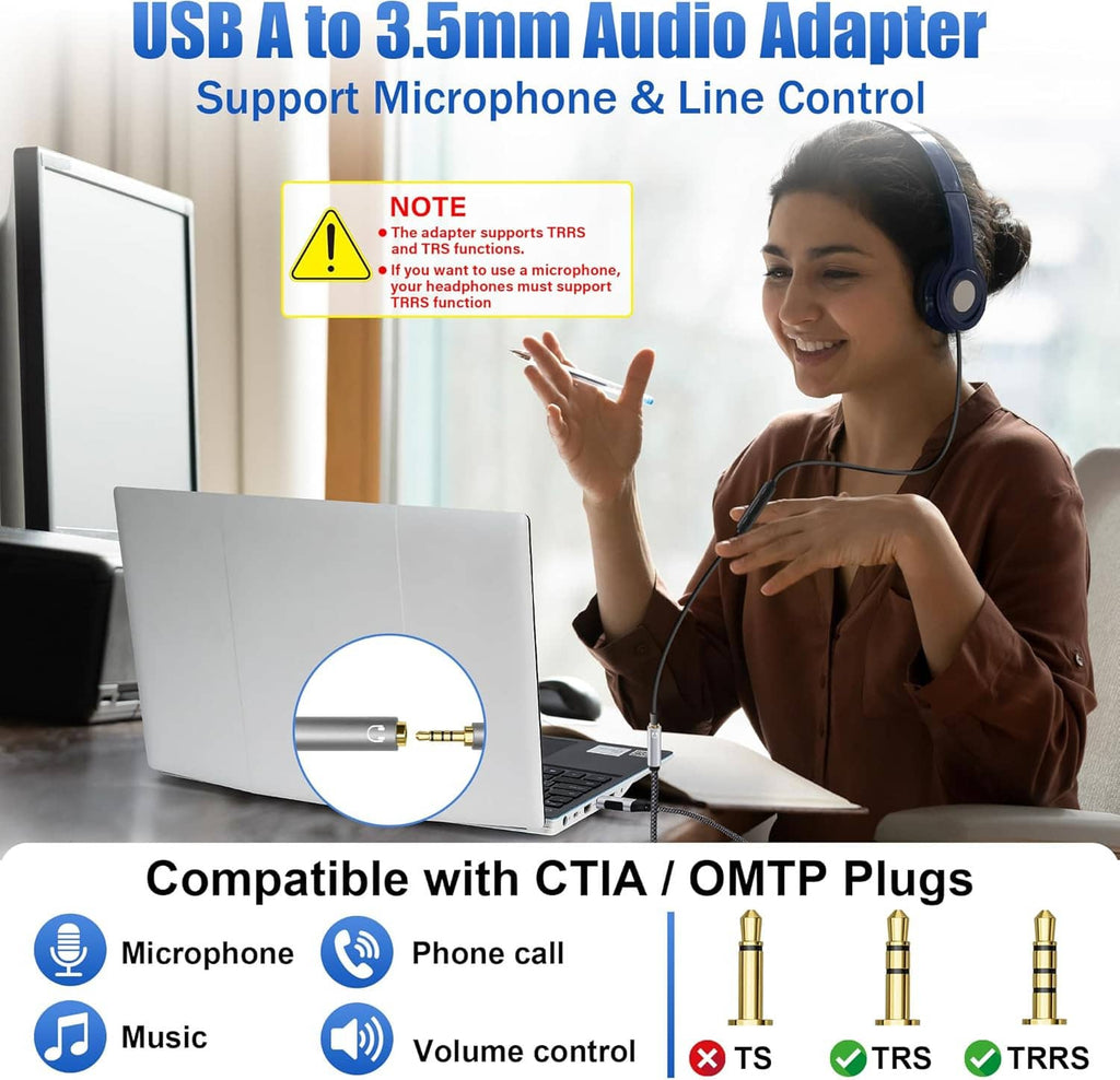 USB-A to 3.5mm TRRS audio adapter with gold connectors and braided cable