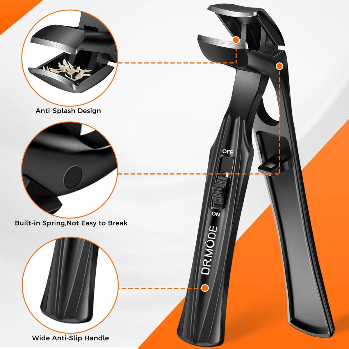 Black toenail clipper with anti-splash design and wide non-slip grip