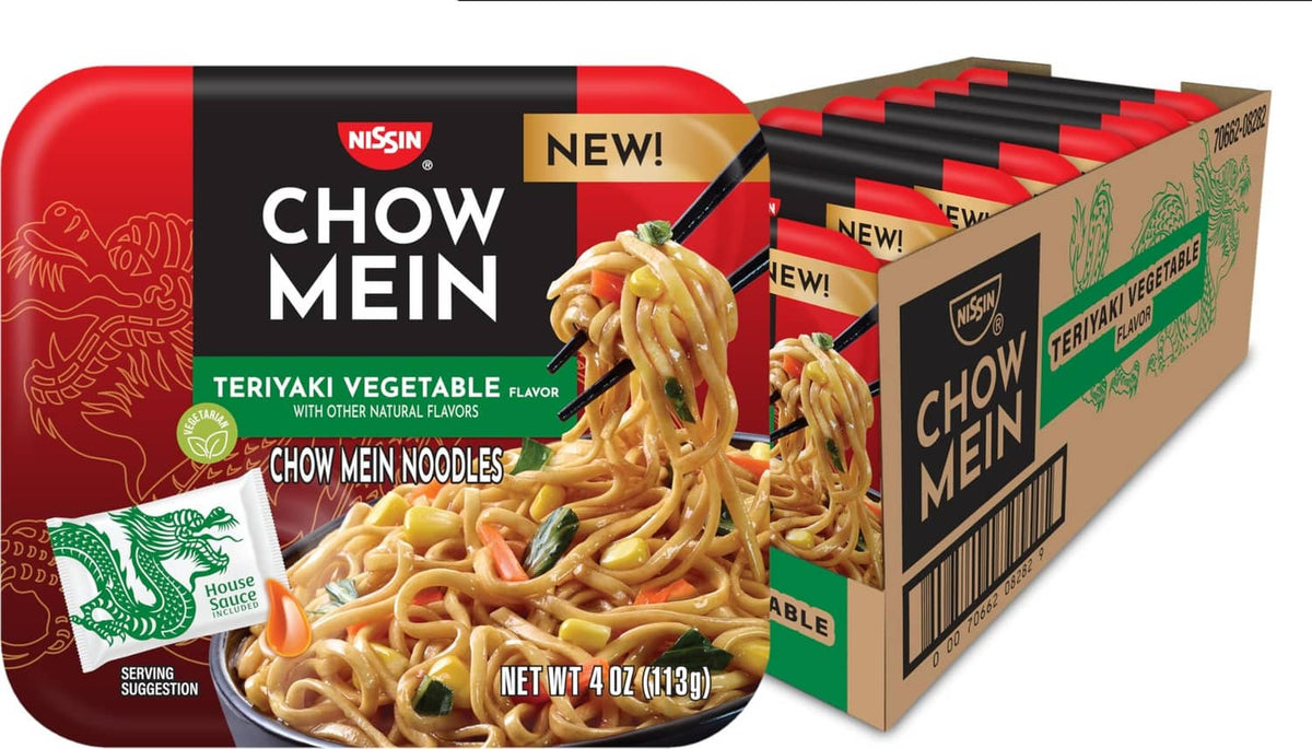 Nissin Chow Mein teriyaki vegetable noodle cup front, shows serving suggestion and net wt 4 oz
