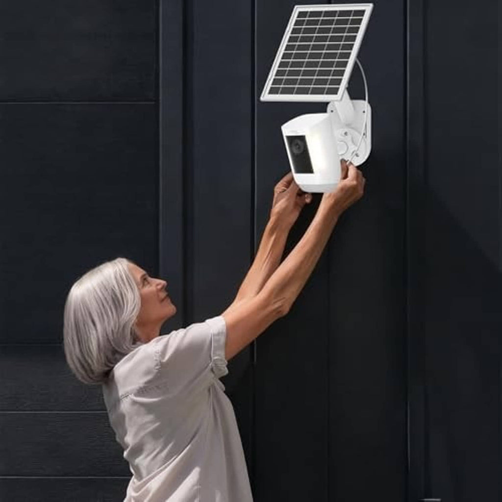 Wall-mounted Ring outdoor camera with 7W solar panel charger and mounting bracket