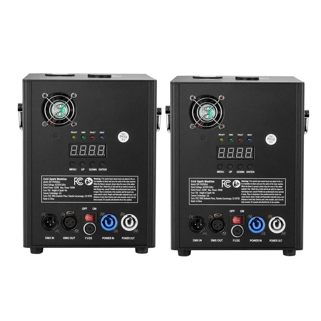 Two black cold spark machines, rear panels with power and DMX connections