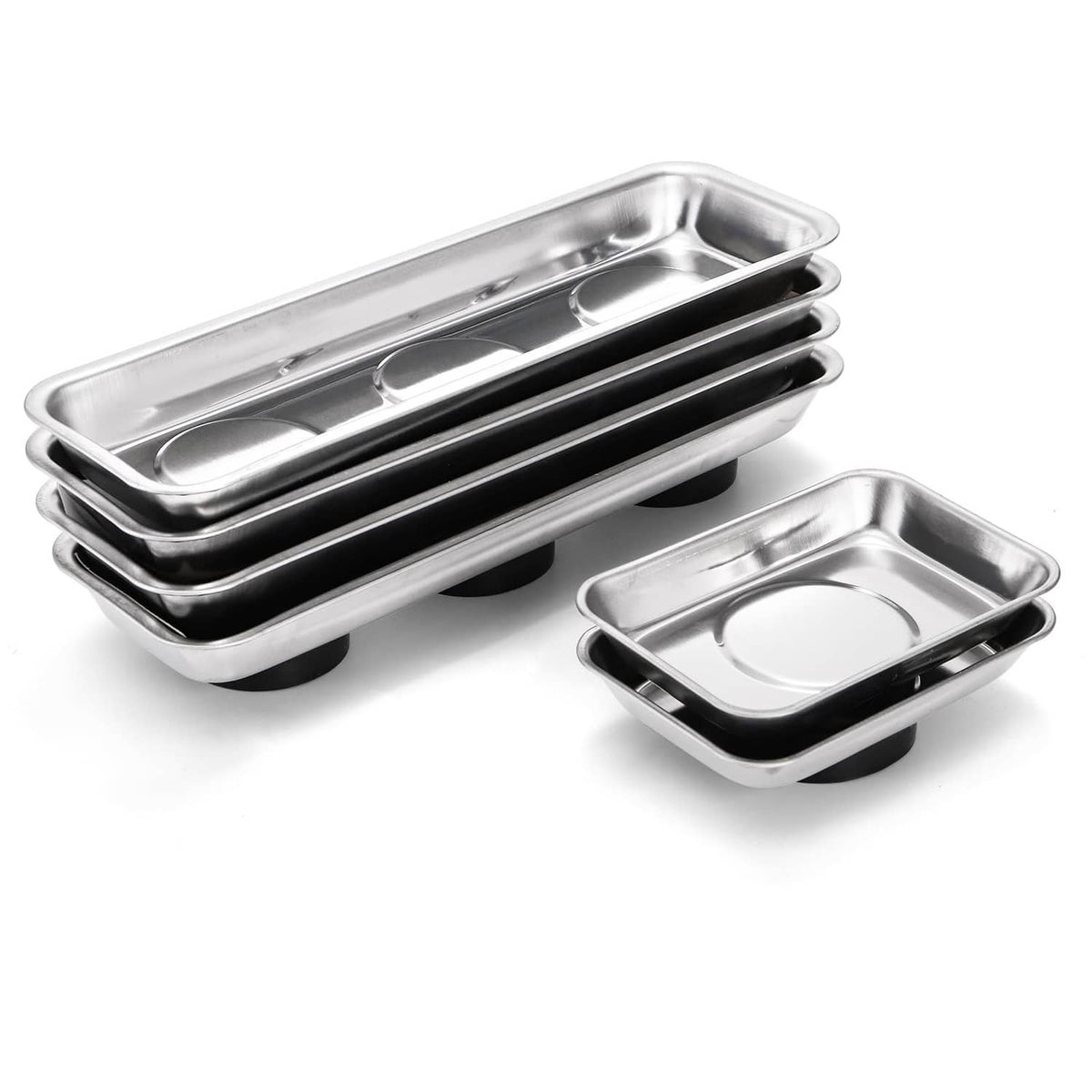 Stacked stainless steel magnetic parts trays with long and small square compartments