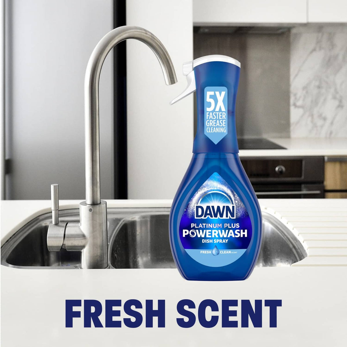 Dawn Platinum Plus Powerwash dish spray bottle with 5X grease cleaning label
