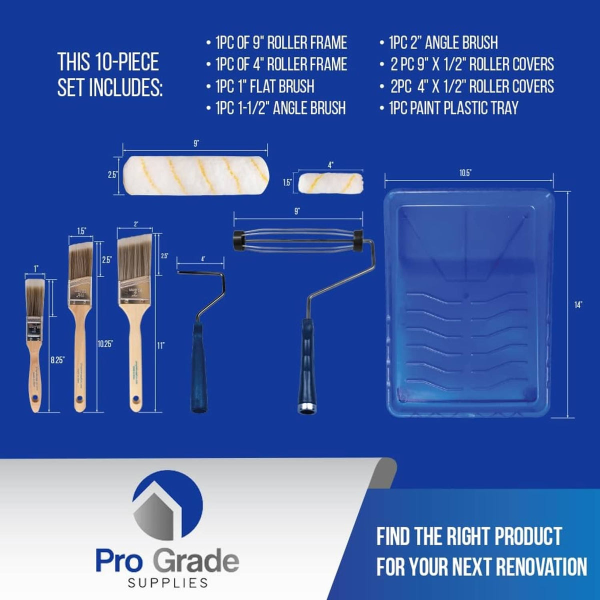 Paint roller kit set shown with roller frames, angled brushes, and blue paint tray.