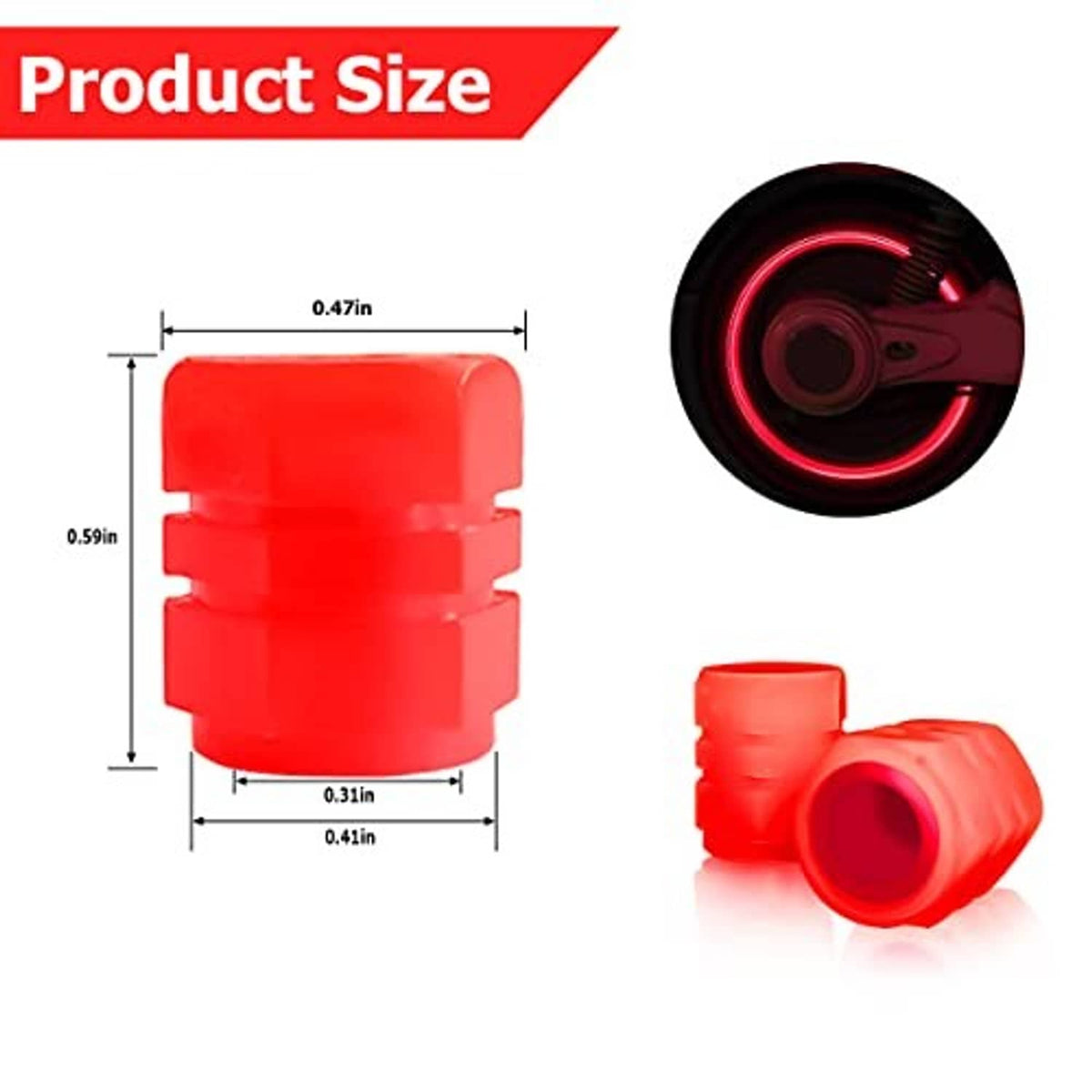 Red translucent tire valve stem cap, single piece, with size dimensions