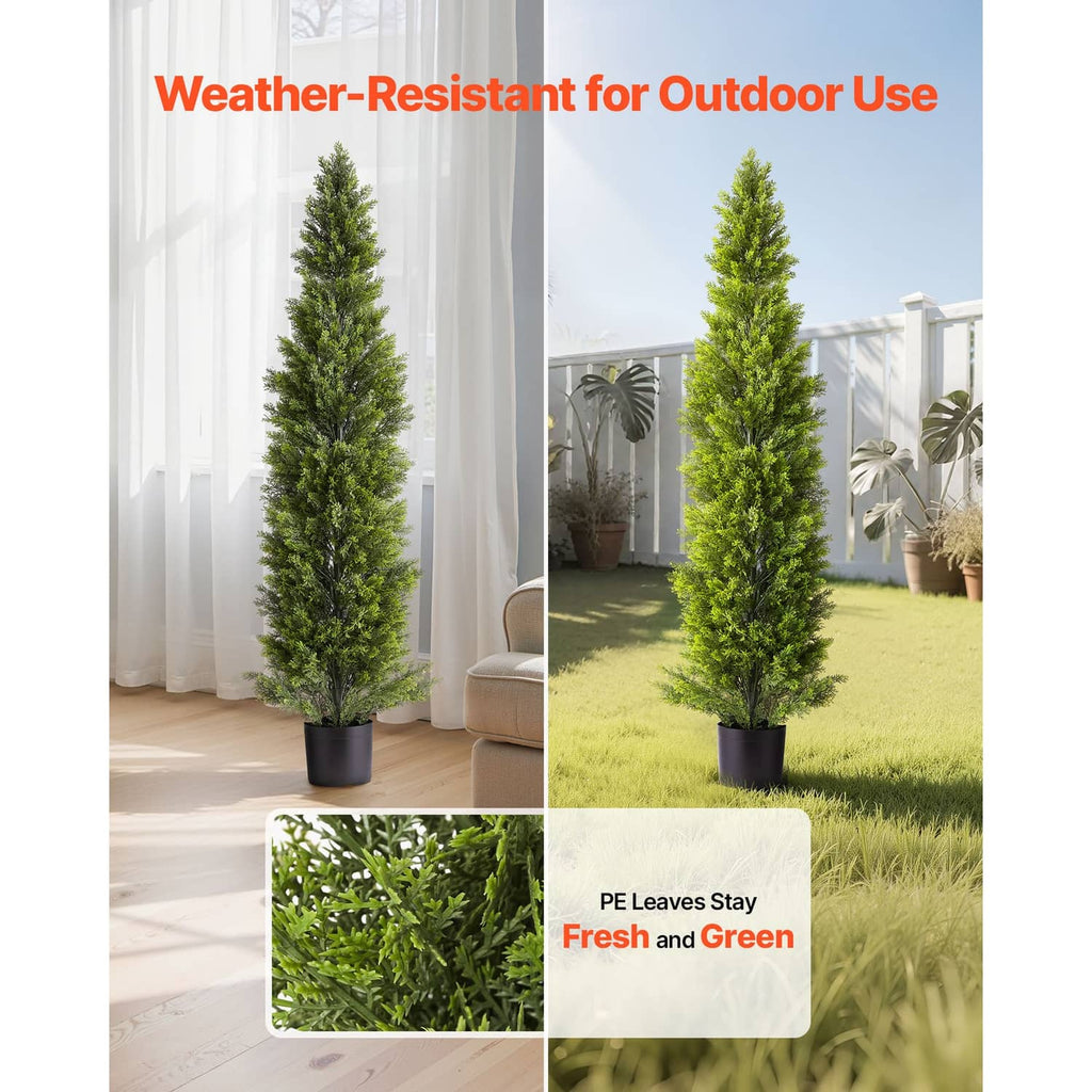 Artificial cedar tree in black pot, tall slim green topiary