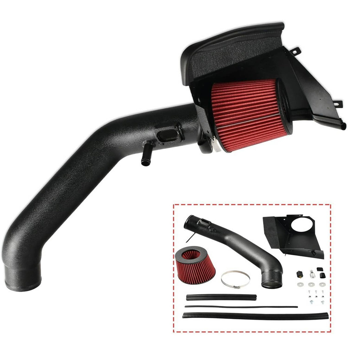 Cold air intake system components with red cone air filter and black intake tubing