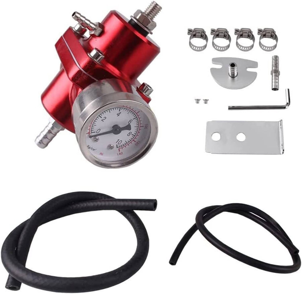 Red aluminum fuel pressure regulator with analog gauge, fittings, and mounting hardware