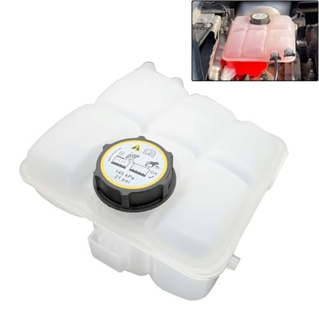 Engine coolant reservoir tank, translucent white body with installed dark pressure cap