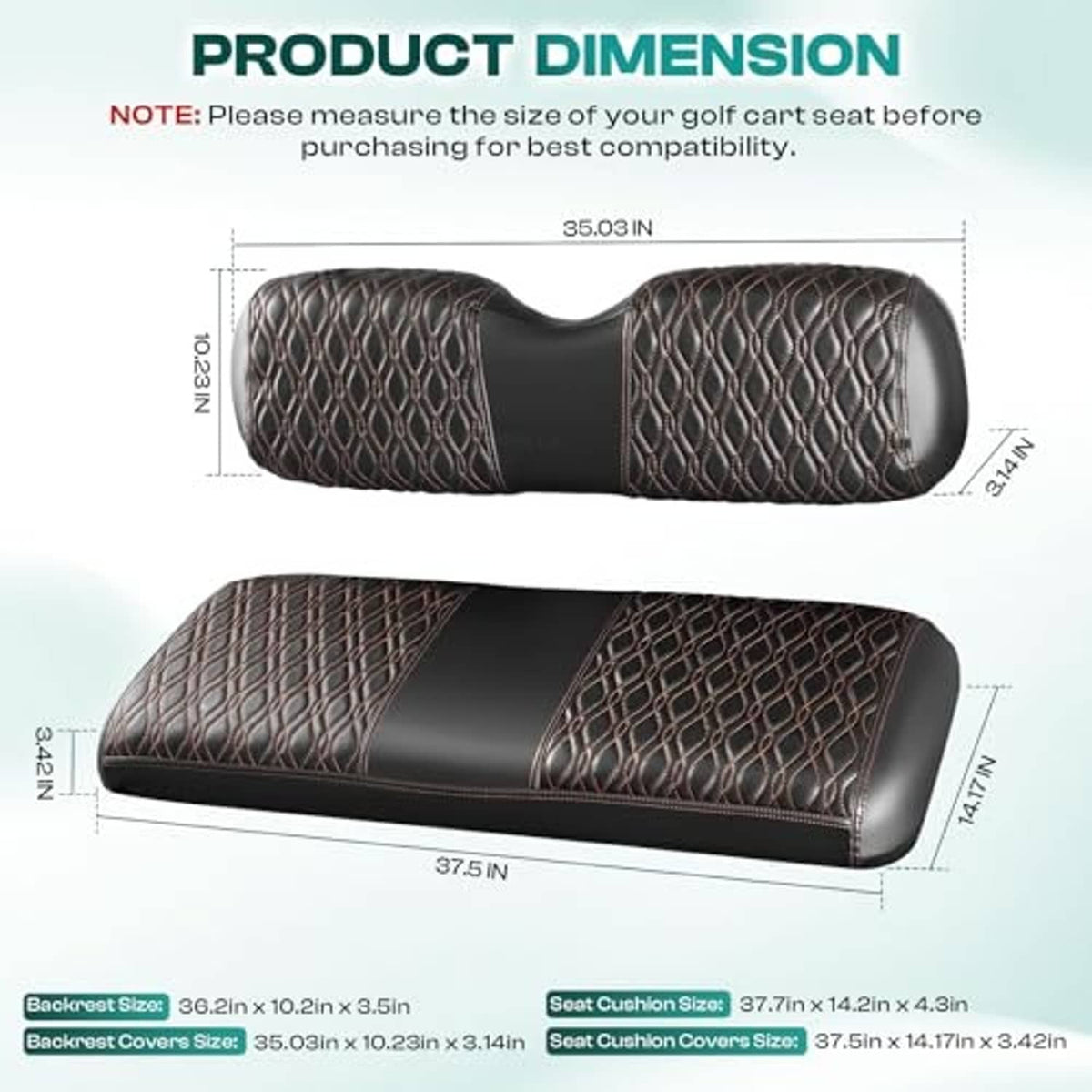 Diamond-pattern golf cart seat cover with measurement diagram for backrest and cushion