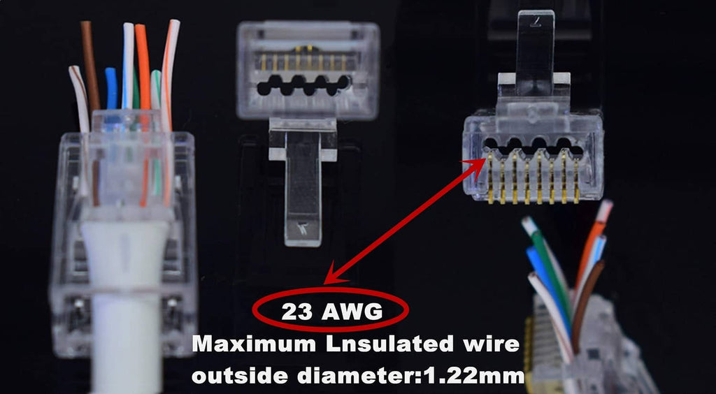 RJ45 pass-through connector showing multi-color wire inserted for 23 AWG