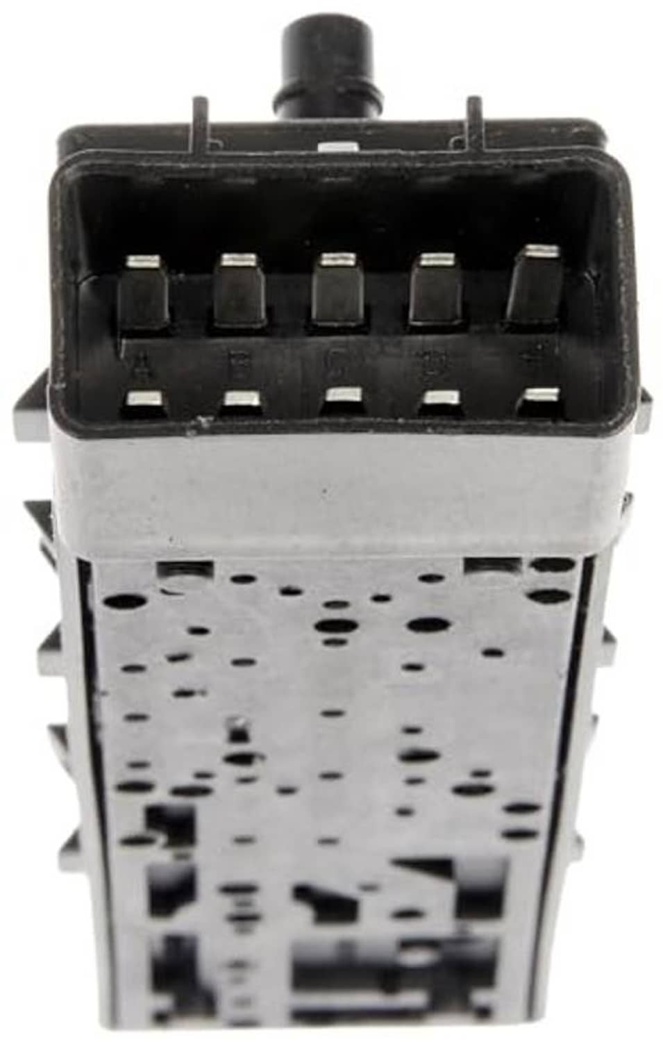 Power seat switch wiring connector side with terminal openings and plastic housing