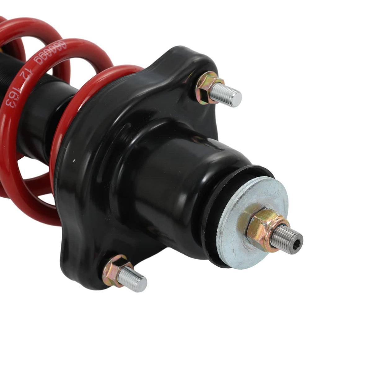 Black coilover strut end with red spring and metal adjustment bolts, close-up