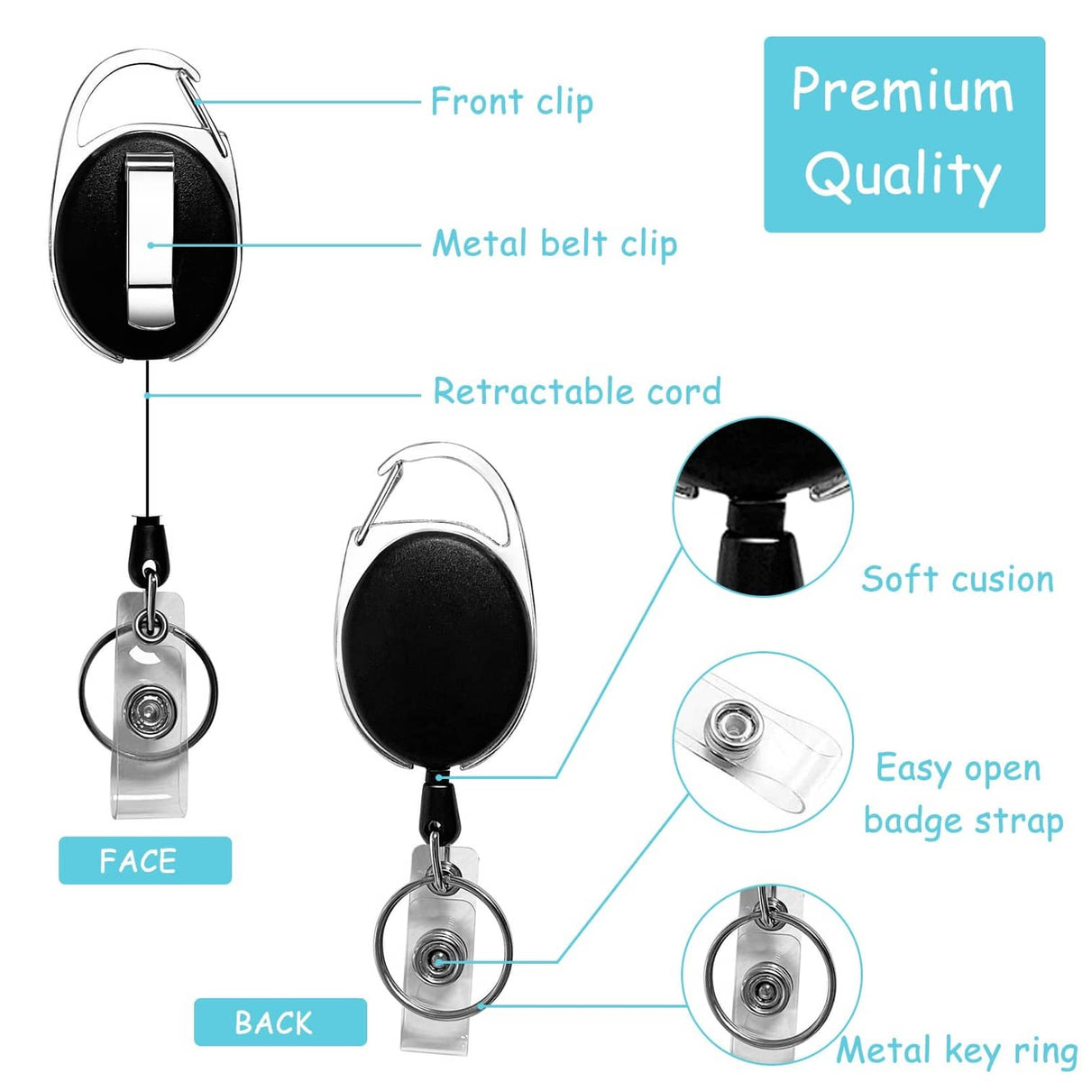 Retractable badge holder with retractable cord, metal belt clip, and soft cushioning