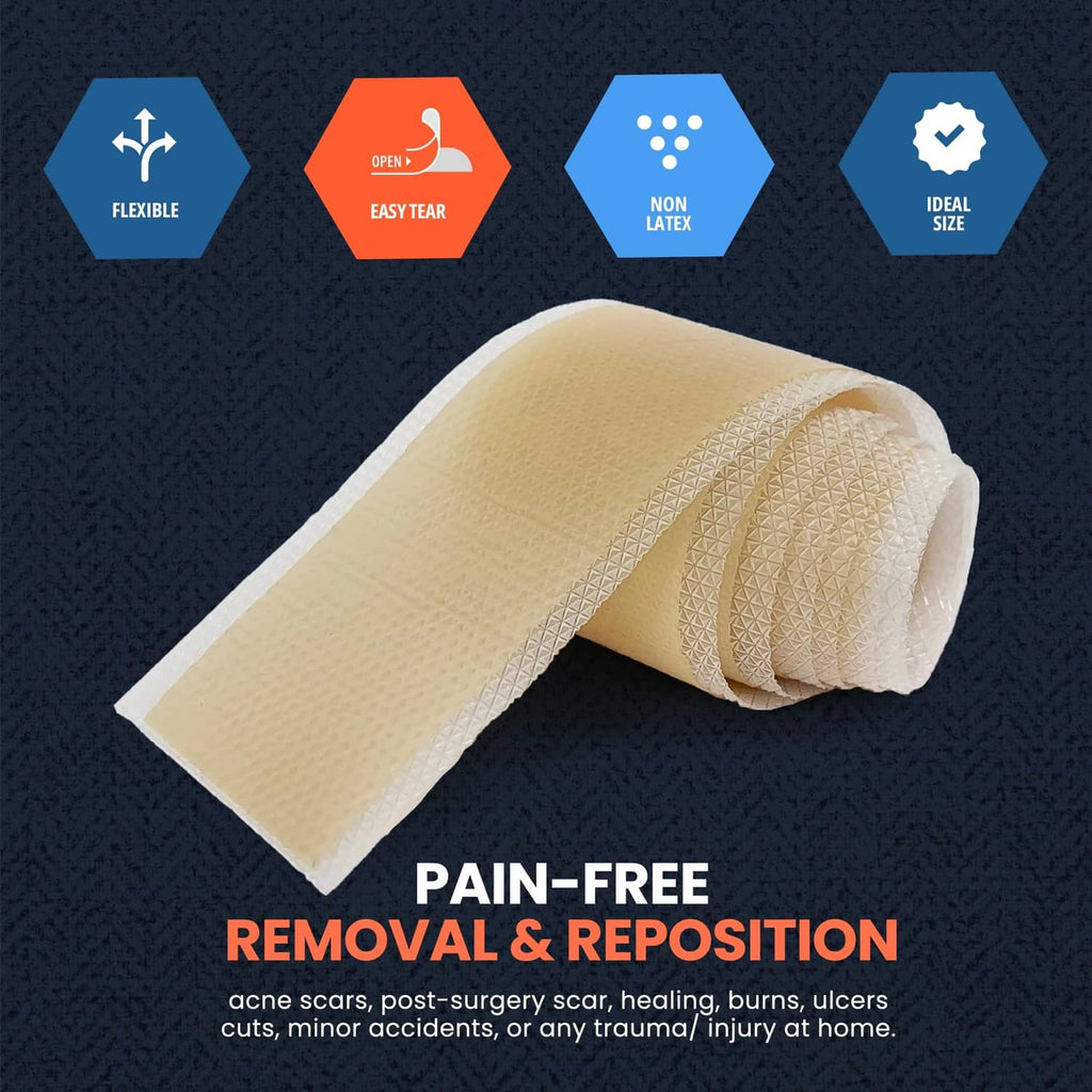 Beige silicone wound tape strip rolled up, flexible texture visible