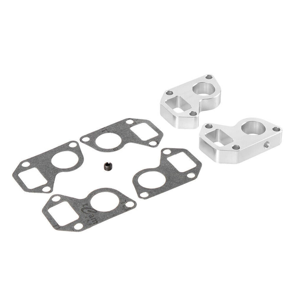 Water pump spacer adapter kit with two silver spacers and several black gasket plates