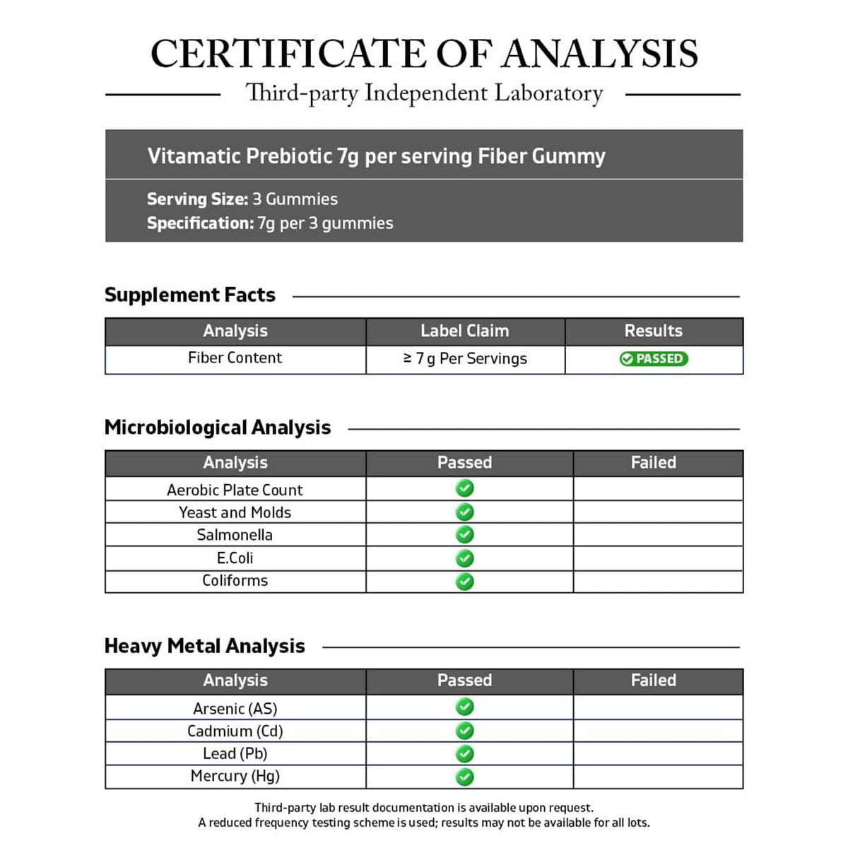 Certificate of analysis label for Vitamatic fiber 7g gummies on bottle