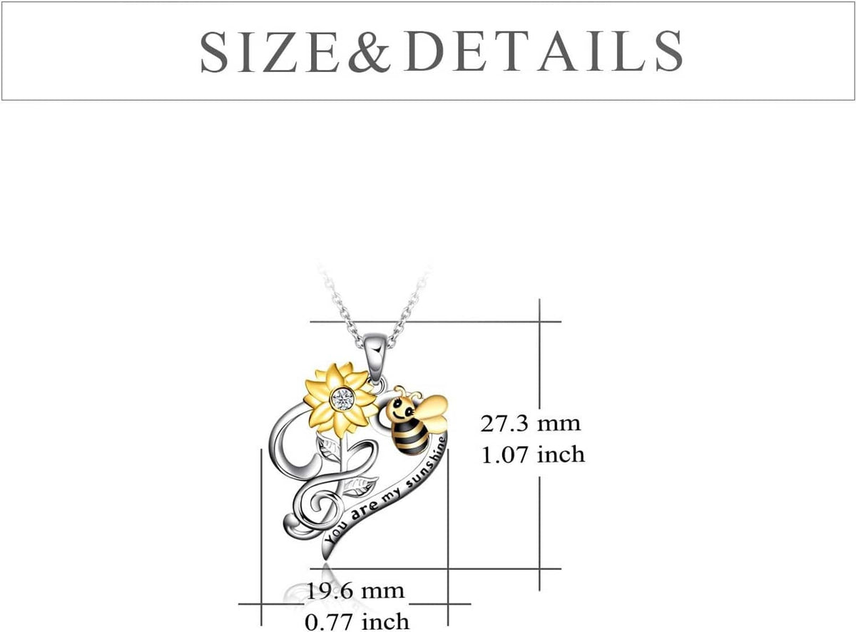 Necklace size and details chart for bee-and-flower heart pendant