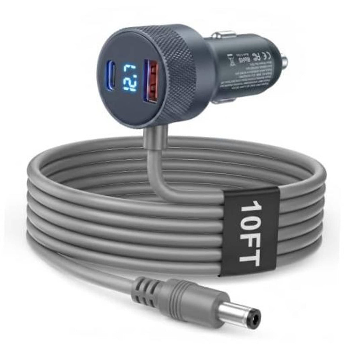Grey coiled car DC charger cable with cigarette-lighter plug and LED power display